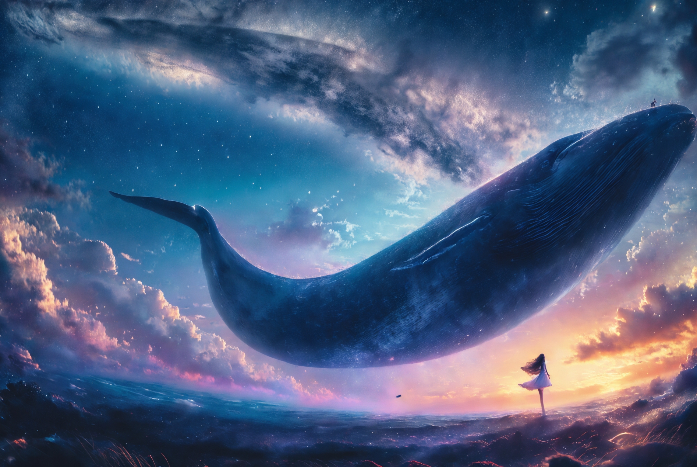 606247209521970397-2551054072-xuer Big whale, 1girl, whale, sky, long hair, star _(sky_), solo, dress, standing, starry sky, cloud, scenery, oversized animal,.jpg